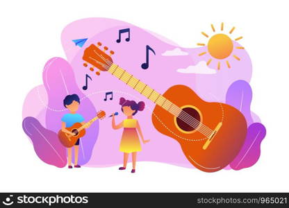 Happy kids enjoy singing and playing the guitar at summer camp, tiny people. Musical camp, young music talents, music and song courses concept. Bright vibrant violet vector isolated illustration. Musical camp concept vector illustration.