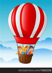 Happy kids flying in a hot air balloon