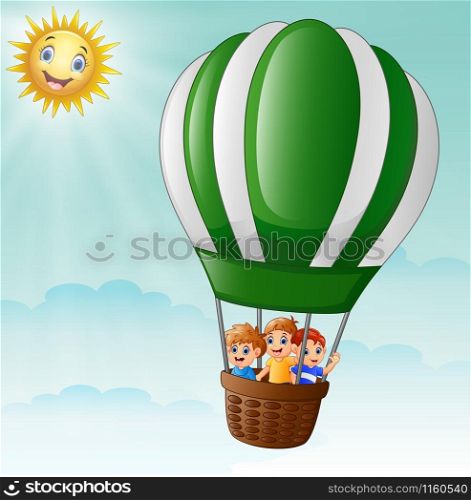 Happy kids flying in a hot air balloon