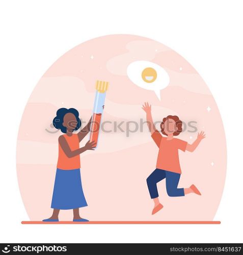 Happy kids holding large flask with blood. Pandemic, coronavirus, diagnostics flat vector illustration. Medicine and analysis concept for banner, website design or landing web page