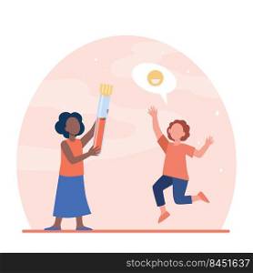 Happy kids holding large flask with blood. Pandemic, coronavirus, diagnostics flat vector illustration. Medicine and analysis concept for banner, website design or landing web page