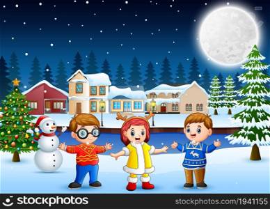 Happy kids in christmas night illustration