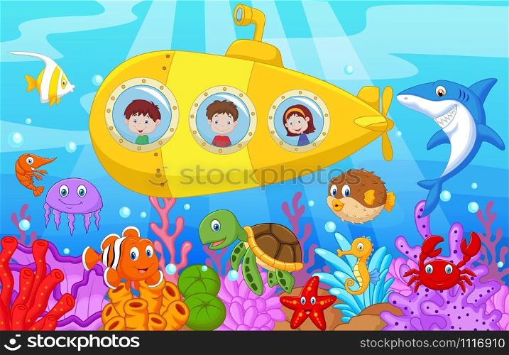 Happy kids in submarine on the sea