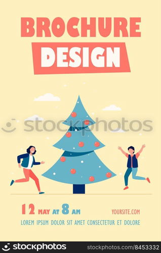 Happy kids jumping near Christmas tree. Children, evergreen, holiday flat vector illustration. Celebration and New Year Eve concept for banner, website design or landing web page