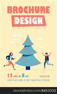 Happy kids jumping near Christmas tree. Children, evergreen, holiday flat vector illustration. Celebration and New Year Eve concept for banner, website design or landing web page