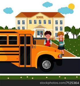 Happy kids on school building background and school bus. Education concept. Welcome back to school composition with pupils. Vector illustration.. Vector Happy kids on school building background.