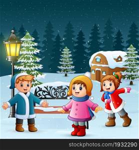 Happy kids play in winter background