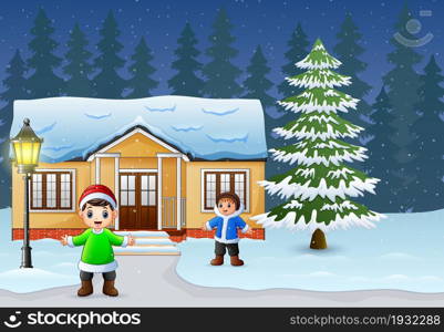 Happy kids playing in front of the snowing house