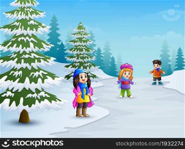 Happy kids playing in winter landscape