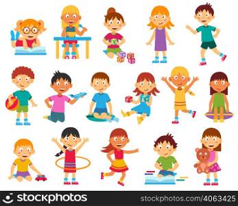 Happy kids playing reading and running flat silhouettes set isolated vector illustration. Kids silhouettes set