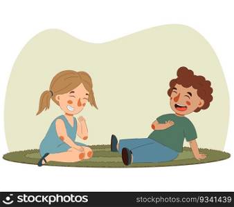 Happy kids playing together. Children cartoon characters sitting on floor talk and smile.. Smiling girl and boy kids playing together