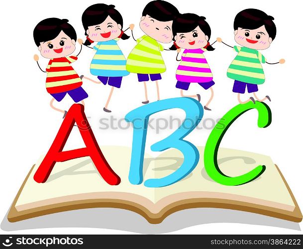 happy Kids Playing with letter and on book