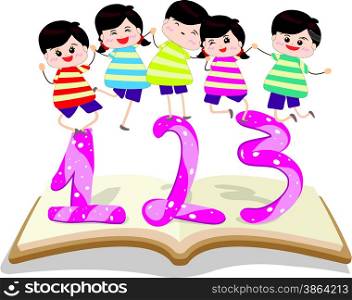 happy Kids Playing with number and on book