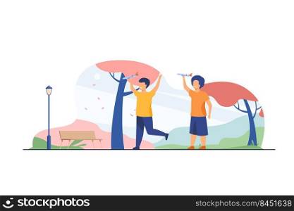 Happy kids playing with toy planes in fall park. Boys practicing aeromodelling hobby flat vector illustration. Leisure, activity, development concept for banner, website design or landing web page