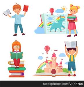 Happy kids read books. Girl sitting on stacks of books dreaming about kingdom, imagining fictional unicorn. Pupils reading literature with medieval legends. Royal castle vector illustration. Happy kids read books. Girl sitting on stacks of books dreaming about kingdom, imagining fictional unicorn