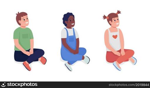 Happy kids sitting semi flat color vector character set. Sitting figures. Full body people on white. Children isolated modern cartoon style illustration for graphic design and animation pack. Happy kids sitting semi flat color vector character set