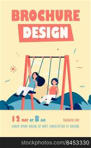 Happy kids swinging on swings. Little friends enjoying activities on playground. Vector illustration for childhood, leisure time outdoors, friendship concept