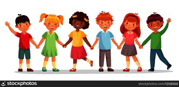 Happy kids team. Multinational childrens, school girls and boys stand together holding hands. Friendship laughing children playing together cartoon isolated vector illustration. Happy kids team. Multinational childrens, school girls and boys stand together holding hands isolated vector illustration