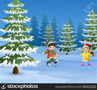 Happy kids to wear winter clothes and play outdoors
