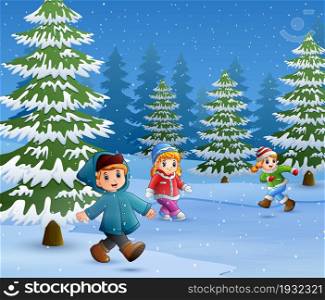 Happy kids to wear winter clothes and play outdoors