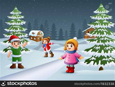 Happy kids wearing a winter clothes and play in a village environment
