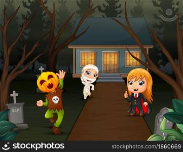 Happy kids wearing halloween costume on the page home
