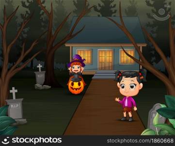 Happy kids wearing halloween costume outdoors in the night