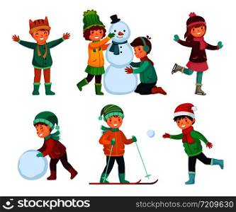 Happy kids winter activities. Children playing with snow. Cartoon fun laughing kid characters playing, making snowman, skiing in winters hats, scarf and mittens Xmas vector isolated icons collection. Happy kids winter activities. Children playing with snow. Cartoon kid characters in winters hats vector collection