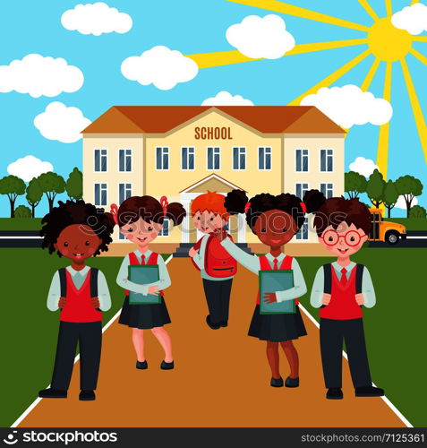 Happy kids with bags and books on school building background. Education concept. Welcome back to school composition with pupils. Vector illustration.. Vector Happy kids on school building background.