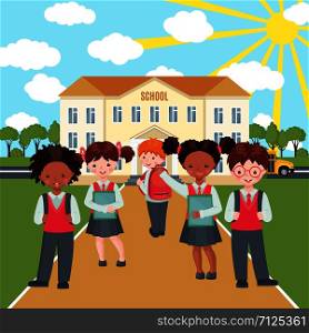 Happy kids with bags and books on school building background. Education concept. Welcome back to school composition with pupils. Vector illustration.. Vector Happy kids on school building background.
