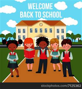 Happy kids with bags and books on school building background. Education concept. Welcome back to school composition with pupils. Vector illustration.. Vector Happy kids on school building background.