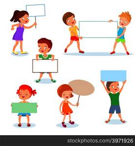 Happy kids with paper cards and banners. Cartoon children holding blank signs. Vector set boy and girl with white empty banners illustration. Happy kids with paper cards and banners. Cartoon children holding blank signs. Vector set