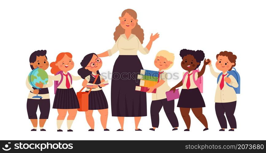 Happy kids with teacher. Student college teacher, cartoon kid of elementary school. Diverse boy girl group, education vector characters. Illustration teacher and students girl, knowledge educational. Happy kids with teacher. Student college teacher, cartoon kid of elementary school. Diverse boy girl group, education decent vector characters