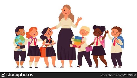 Happy kids with teacher. Student college teacher, cartoon kid of elementary school. Diverse boy girl group, education vector characters. Illustration teacher and students girl, knowledge educational. Happy kids with teacher. Student college teacher, cartoon kid of elementary school. Diverse boy girl group, education decent vector characters