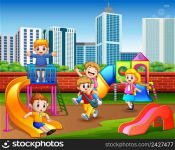 Happy kindergarten children playing in the playground