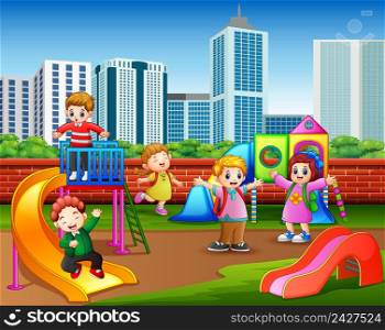 Happy kindergarten children playing in the playground