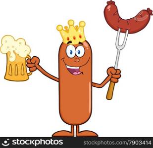 Happy King Sausage Cartoon Character Holding A Beer And Weenie On A Fork