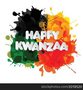 Happy kwanzaa congratulatory inscription letterig in paper style on hand drawn blots in colors Pan-African flag.