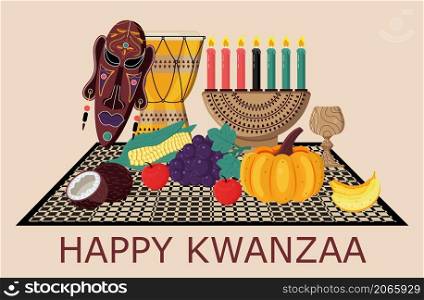 Happy kwanzaa invitation vector for web, card, social media. Happy kwanza celebrated from 26 December to 1 January. Seven candles lighted. Fruits, pumpkin, mask are on the table.. Happy kwanzaa invitation vector for web, card, social media. Happy kwanza celebrated from 26 December to 1 January. Seven candles lighted.