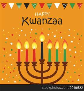 Happy Kwanzaa vector flat illustration on bright yellow background with confetti. African celebration cute design card.