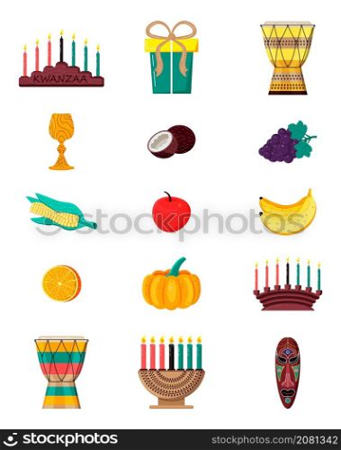 Happy Kwanzaa vector set in hand drawn style for web, card, social media. Happy kwanza celebrated from 26 December to 1 January. Seven candles lighted. Fruits, pumpkin, mask are on the table.. Happy Kwanzaa vector set in hand drawn style for web, card, social media. Happy kwanza celebrated from 26 December to 1 January.