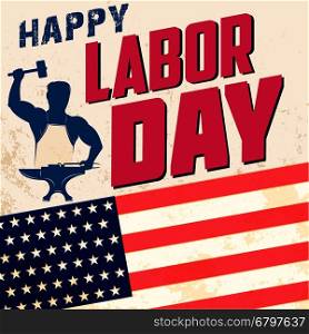 Happy labor day card template. Flag of USA on grunge background. Vector illustration.