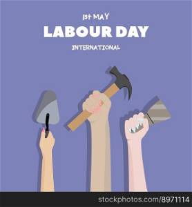 Happy Labor Day. Female hands holders different tools for work. Vector illustration.