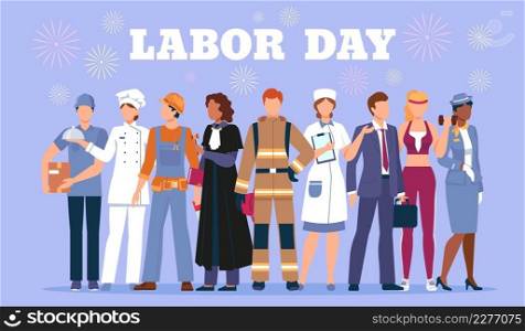 Happy labor day poster with people workers in profession uniform. International job work holiday. Diverse characters employee vector banner. Illustration of labor worker day. Happy labor day poster with people workers in profession uniform. International job work holiday. Diverse characters employee vector banner
