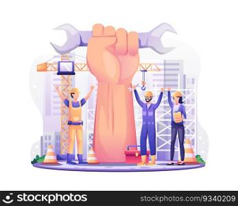 Happy Labour day. Construction workers with Raised up giant arm fist celebrate Labour Day On 1 May. vector illustration