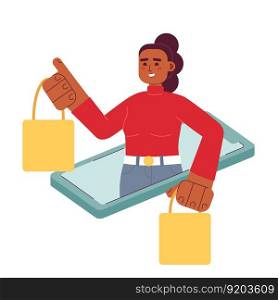 Happy lady with shopping bags out mobile phone flat concept vector spot illustration. Editable 2D cartoon character on white for web UI design. Women clothing purchasing creative hero image. Happy lady with shopping bags out mobile phone flat concept vector spot illustration