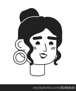 Happy latina woman wearing hoops monochrome flat linear character head. Brunette girl with tied hair. Editable outline hand drawn face icon. 2D cartoon spot vector avatar illustration for animation. Happy latina woman wearing hoops monochrome flat linear character head