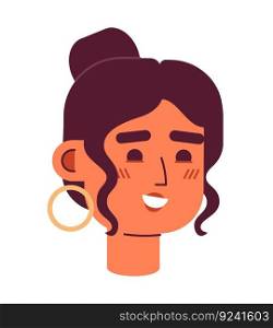 Happy latina woman wearing hoops semi flat vector character head. Brunette girl with tied hair. Editable cartoon avatar icon. Face emotion. Colorful spot illustration for web graphic design, animation. Happy latina woman wearing hoops semi flat vector character head