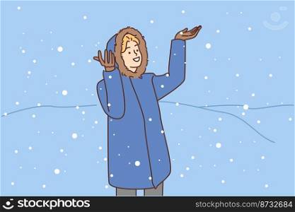 Happyχld in outerwear enjoy snow outdoors. Smiling kid in jacket have fun walk on street on w∫er. Vector illustration. . Happyχld enjoy snow outdoors