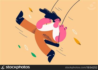 Happy leisure summer activities concept. Young smiling woman cartoon character enjoying ride on swings outdoors during autumn fall vector illustration . Happy leisure summer activities concept.